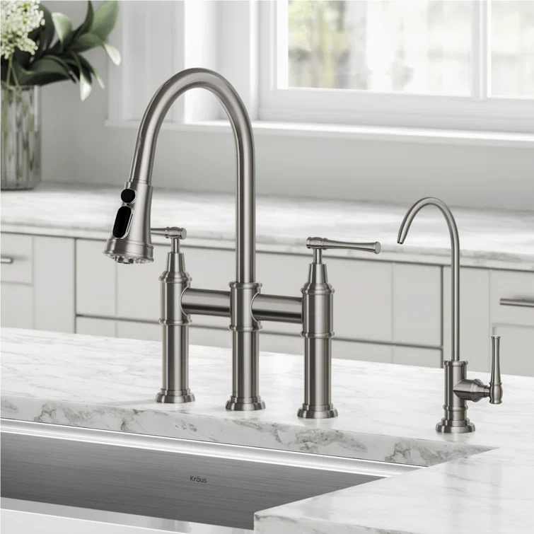 Kraus Allyn Transitional Bridge Kitchen Faucet and Water Filter Faucet Combo