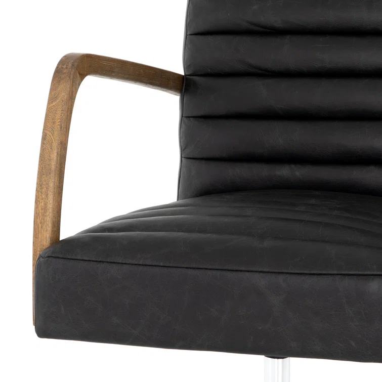 Black Leather Contemporary Conference Chair with Oak Arms