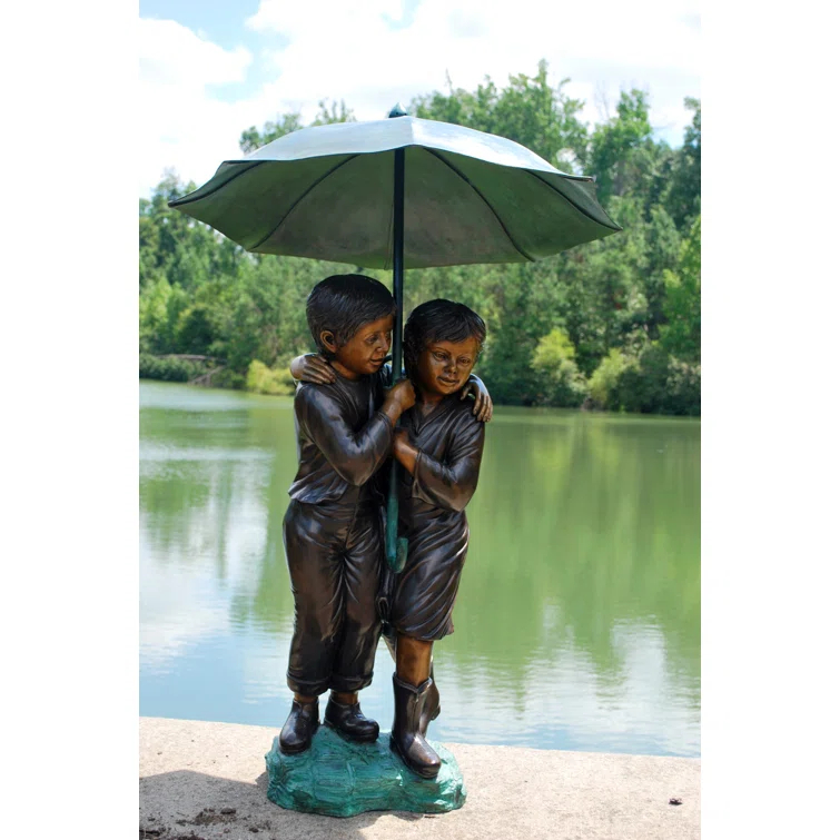 Bronze Children Holding Umbrella Sculpture with Green Patina