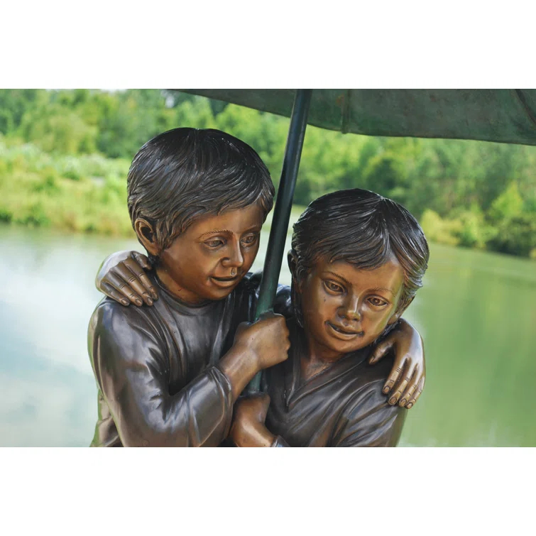 Bronze Children Holding Umbrella Sculpture with Green Patina