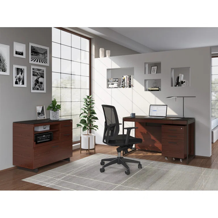 Chocolate Walnut and Black Mobile Filing Cabinet with Satin Glass Top