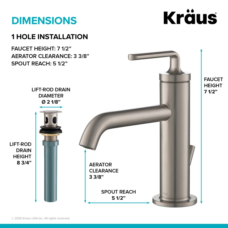 KRAUS Ramus Single Handle Bathroom Sink Faucet with Lift Rod Drain