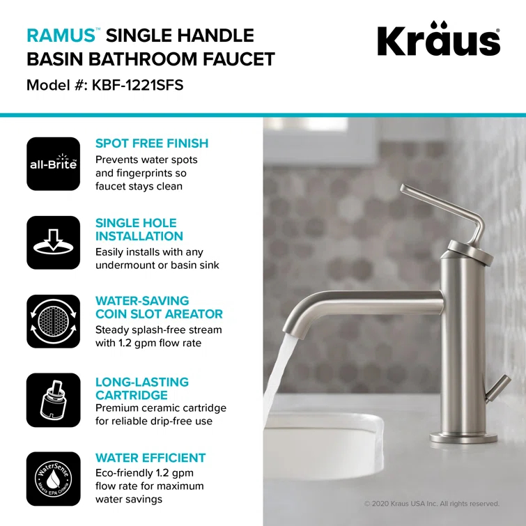 KRAUS Ramus Single Handle Bathroom Sink Faucet with Lift Rod Drain