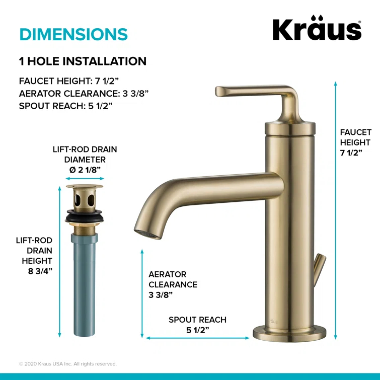 KRAUS Ramus Single Handle Bathroom Sink Faucet with Lift Rod Drain