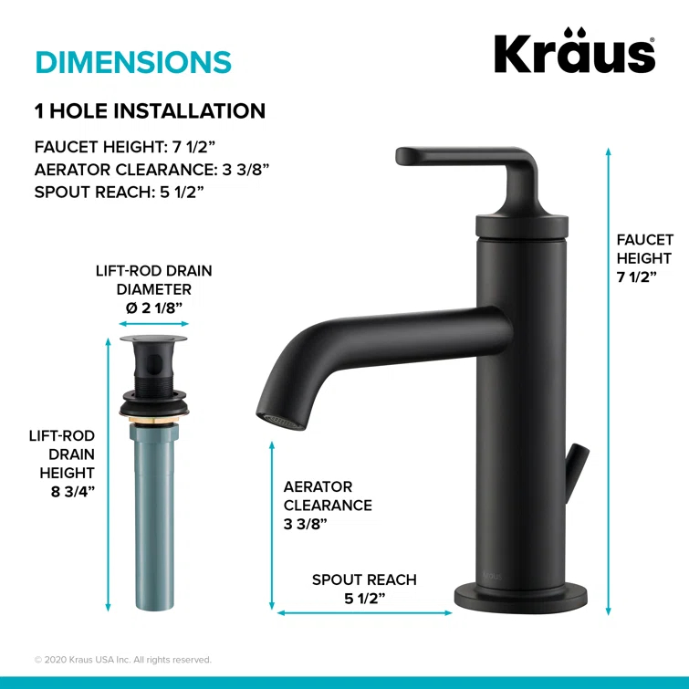 KRAUS Ramus Single Handle Bathroom Sink Faucet with Lift Rod Drain