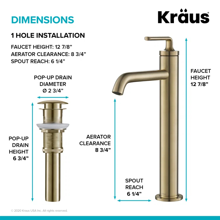 Ramus Single Handle Vessel Sink Bathroom Faucet with Drain Assembly