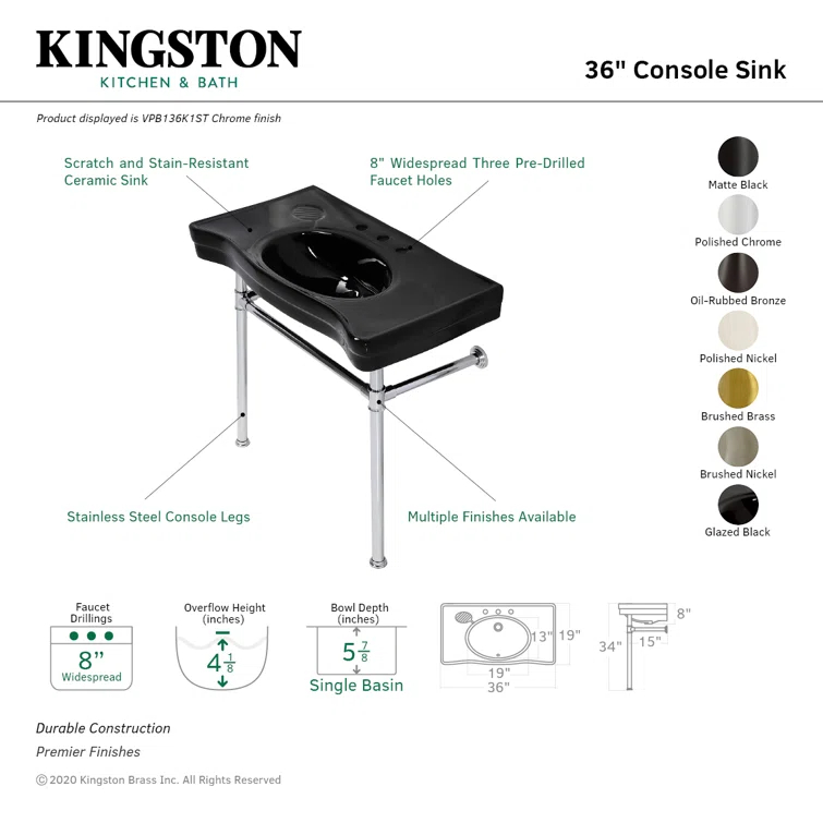 Kingston Brass Imperial 36-Inch Ceramic Console Sink Basin with Stainless Steel Legs (8-Inch, 3-Hole)