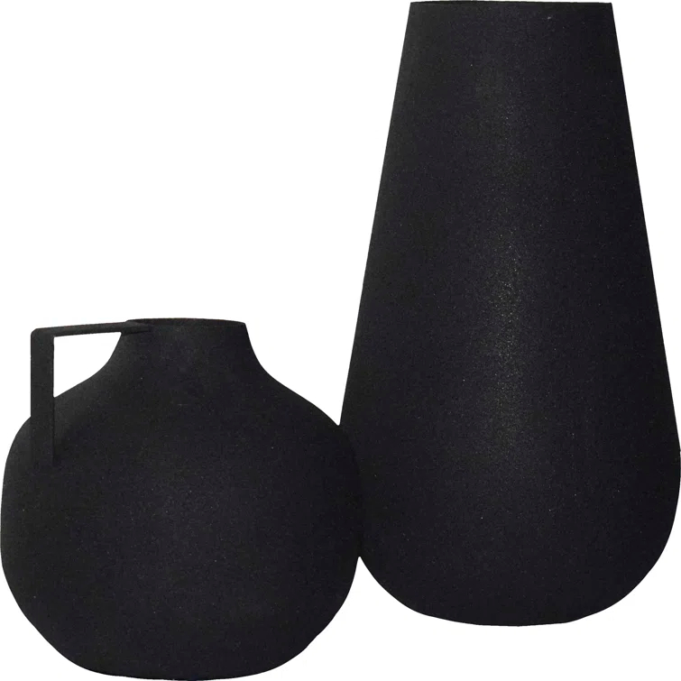 Renwil Roove Modern Iron Metal Decorative Vase in Matte Black (Set of 2)