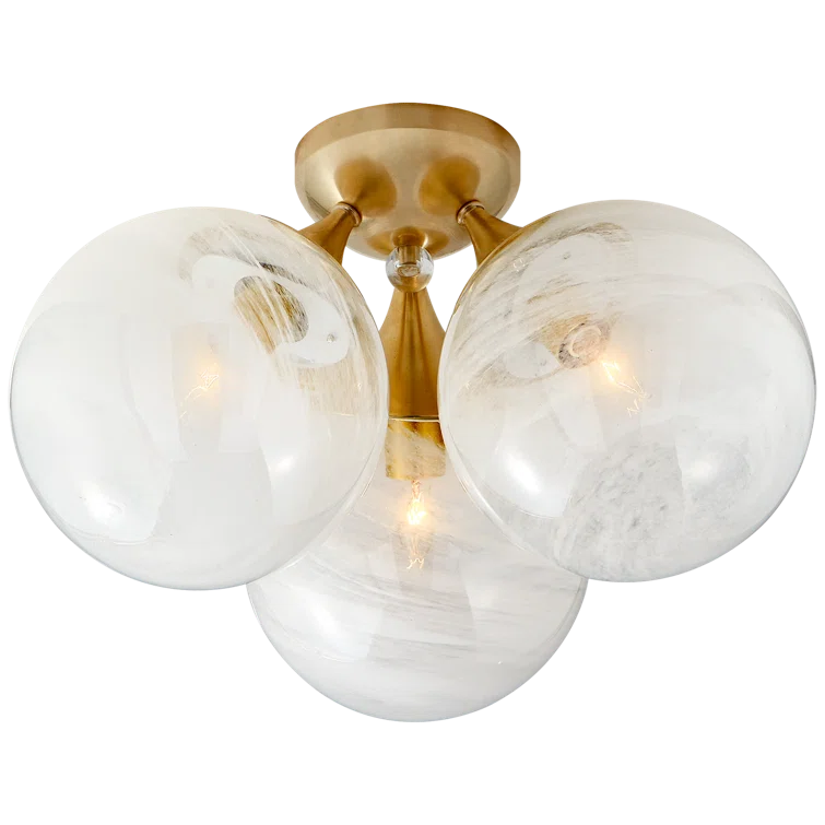 Cristol Triple Flush Ceiling Fixture in White Glass and Antique Brass