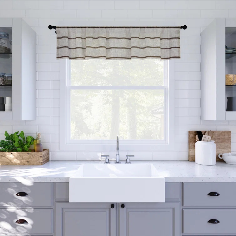 Clean Window Aso Twill Stripe Linen Blend Sheer Rod Pocket Kitchen Curtain Valance
