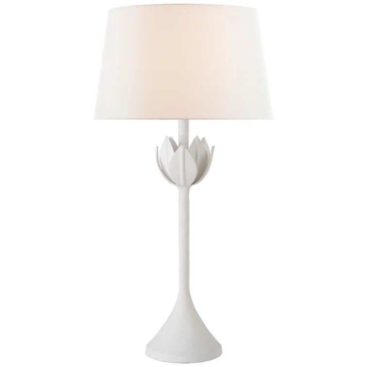 Alberto Petal-Detail Plaster White Steel Table Lamp with Linen Shade