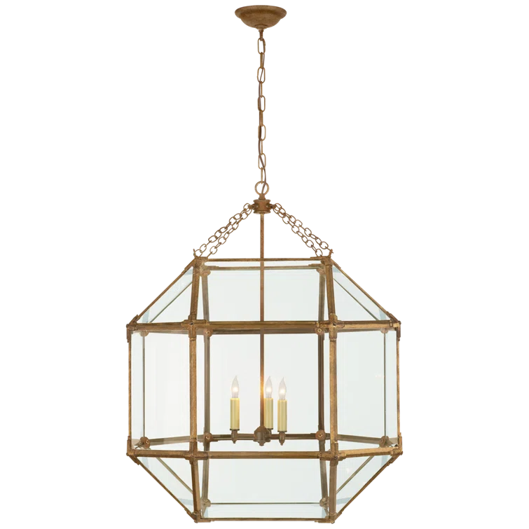 Morris Large Lantern with Stained Glass and Gold Finish