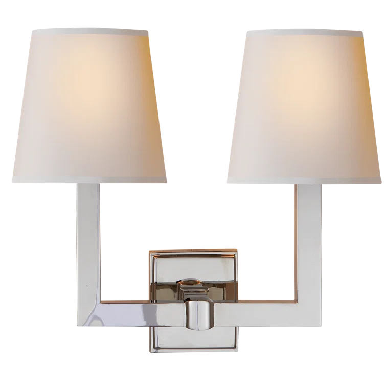 Modern Square Tube Double Sconce in Polished Nickel with Paper Shades