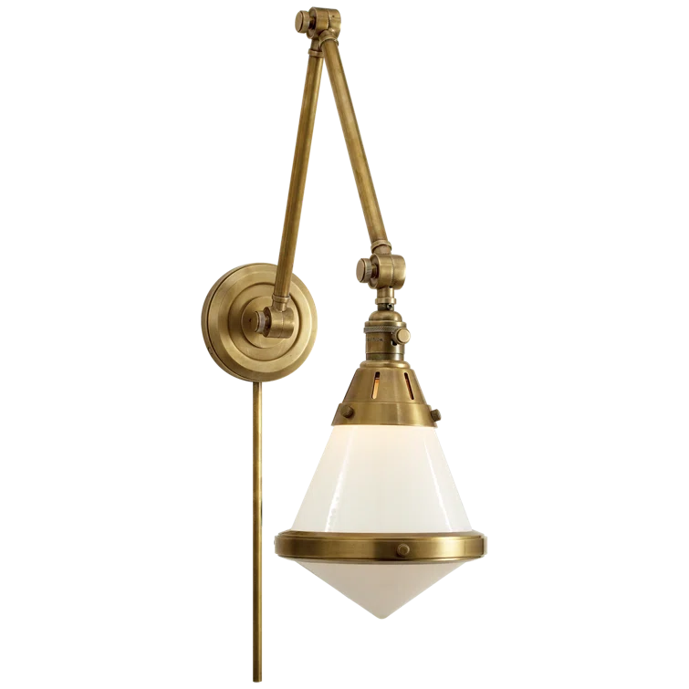 Antique Brass and White Glass Dimmable Plug-In Sconce