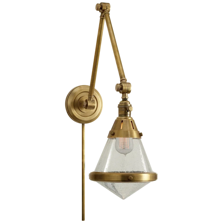 Elegant Antique Brass Swing Arm Wall Light with Seeded Glass Shade