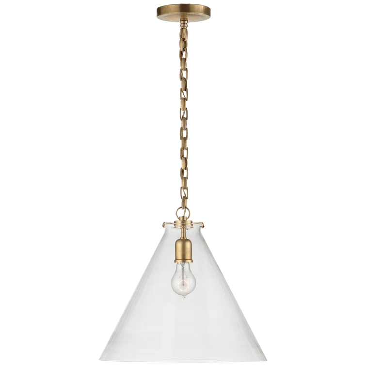 Antique Brass and Clear Glass Conical Pendant Light
