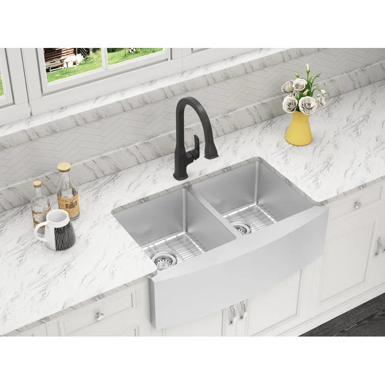Belleville 33'' L Farmhouse / Apron Double Bowl Stainless Steel Kitchen Sink