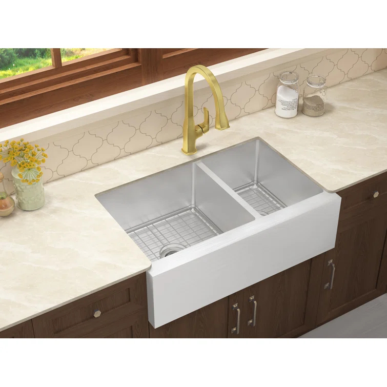 Belleville 33'' L Farmhouse / Apron Double Bowl Stainless Steel Kitchen Sink