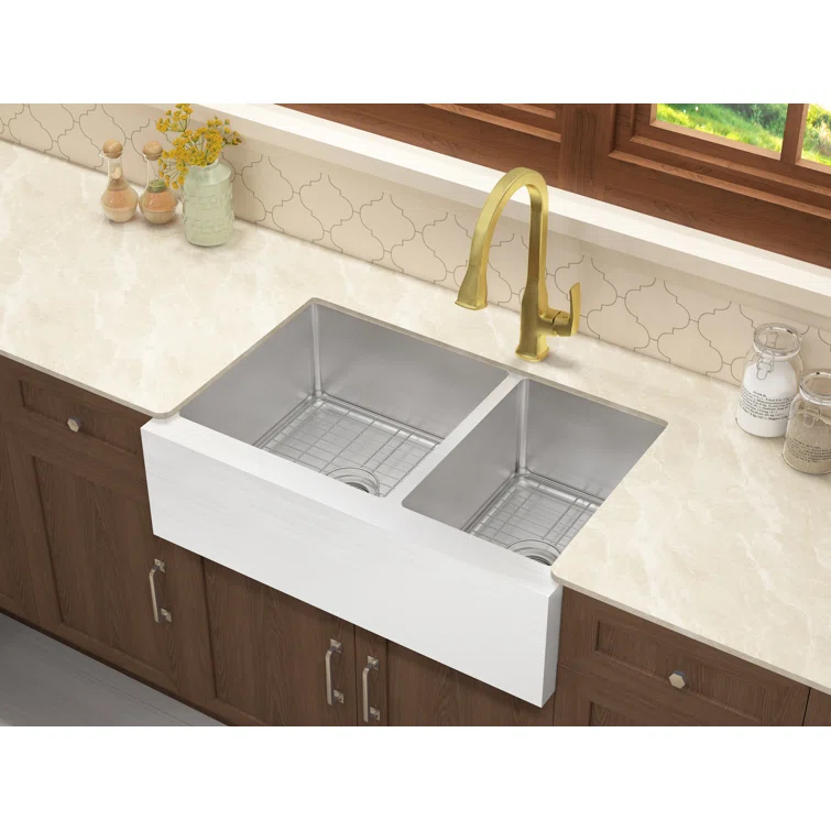 Belleville 33'' L Farmhouse / Apron Double Bowl Stainless Steel Kitchen Sink