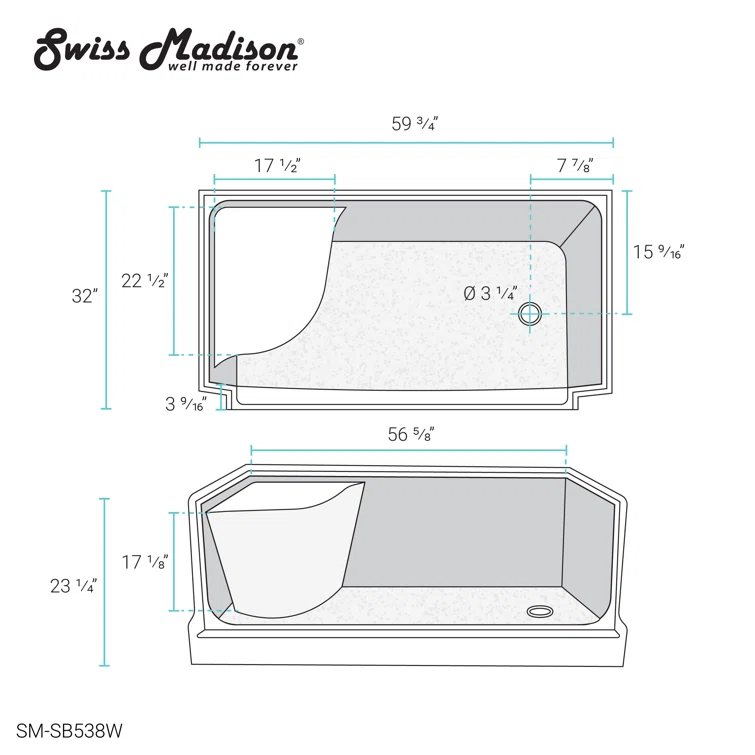 Aquatique 60" x 32" Single Threshold Shower Base