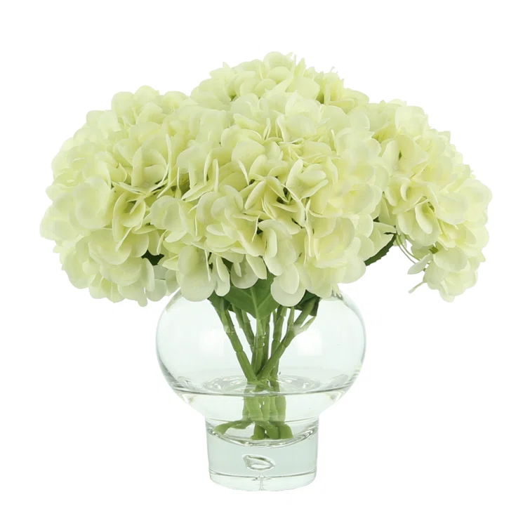 White Polysilk Hydrangea Bouquet in Glass Vase