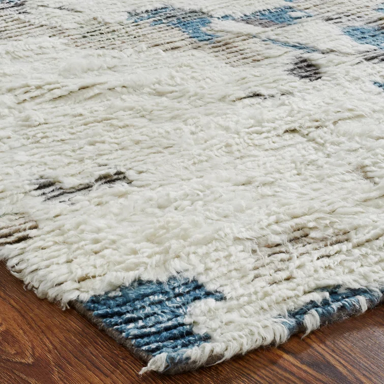 Hand-knotted Blue and Gray Wool Abstract Shag Area Rug