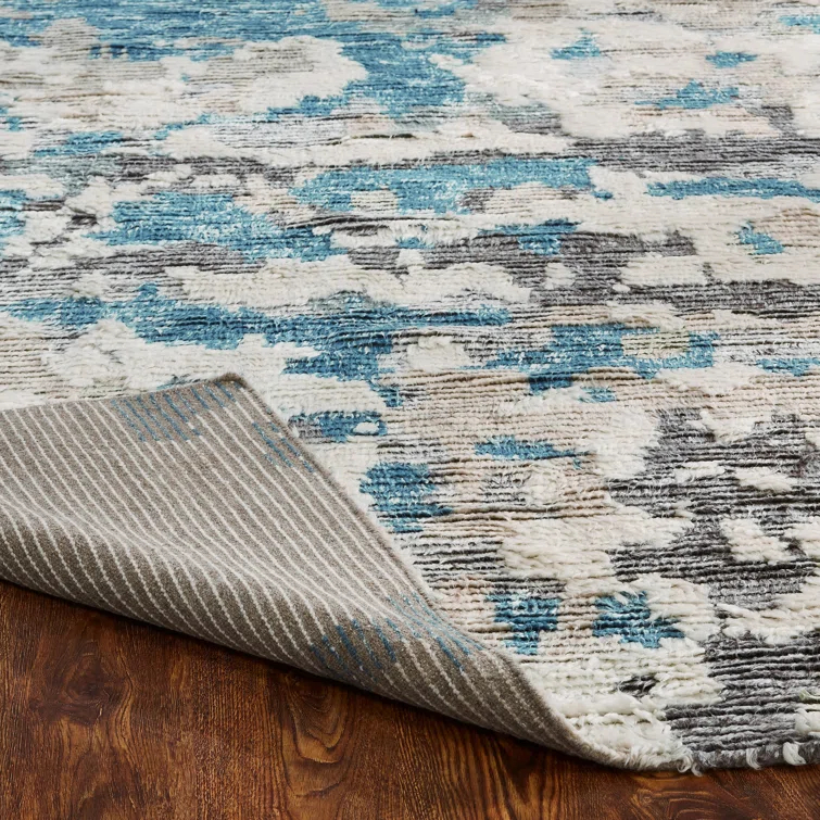 Hand-knotted Blue and Gray Wool Abstract Shag Area Rug