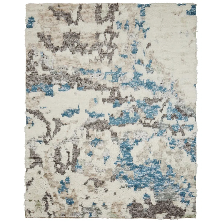 Hand-knotted Blue and Gray Wool Abstract Shag Area Rug