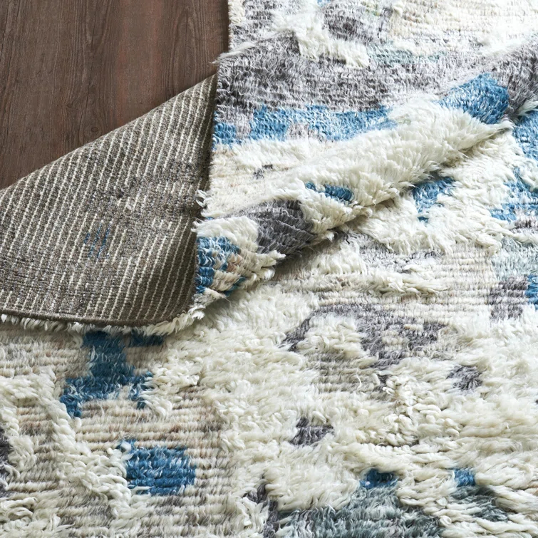 Hand-knotted Blue and Gray Wool Abstract Shag Area Rug