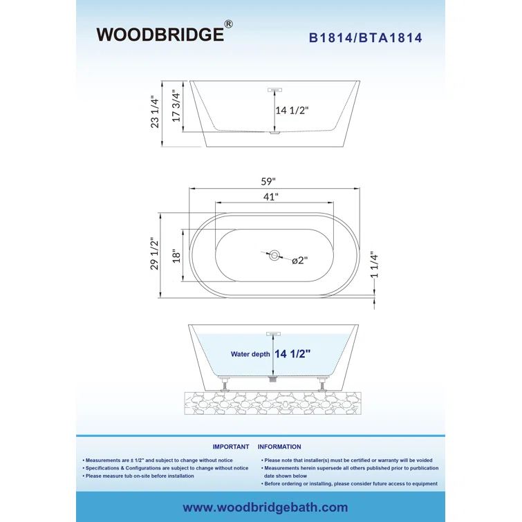59'' x 29.5'' Freestanding Soaking Acrylic Bathtub