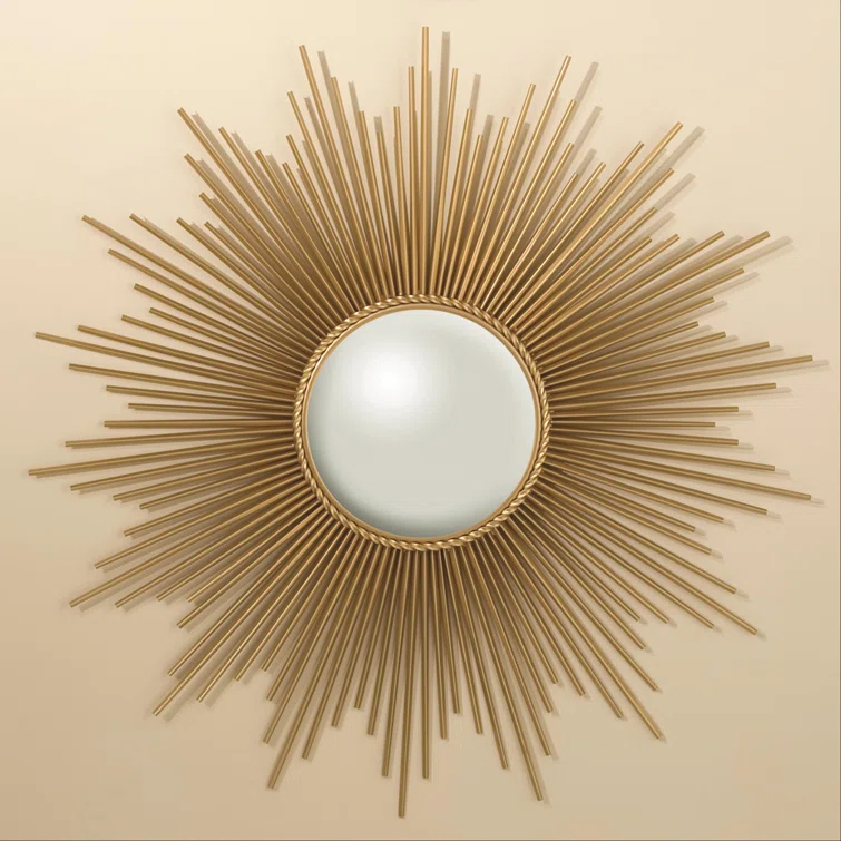Antique Brass Sunburst Round Wood Mirror 39"