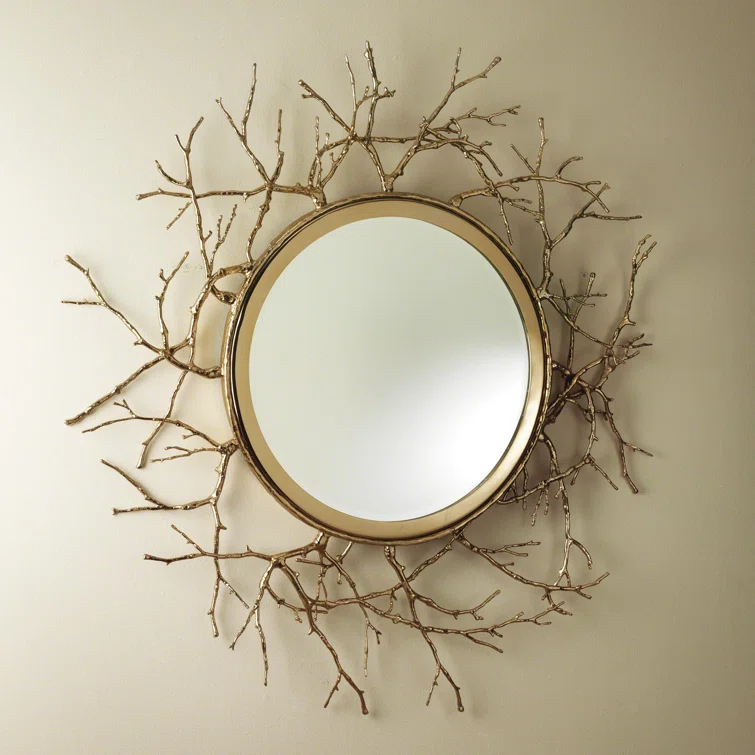 Beveled Round Twig Brass Mirror with Iron Frame 44"Dia.