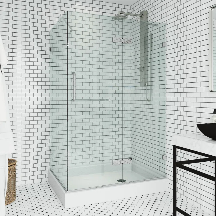 Monteray 48" W x 32" D x 79" H Hinged Frameless Shower Enclosure with 3/8Clear Glass & Base