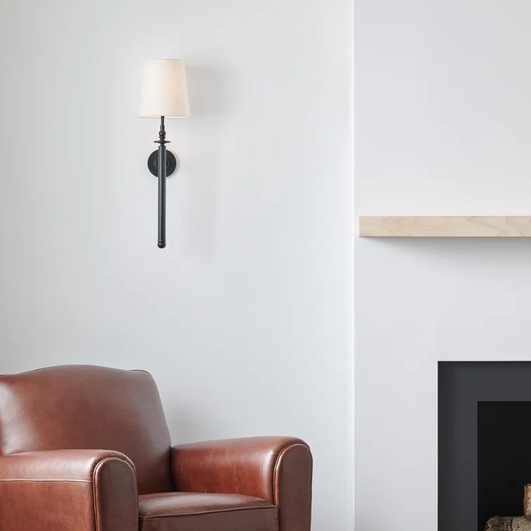 Aged Iron Black Dimmable Wall Sconce with White Linen Shade