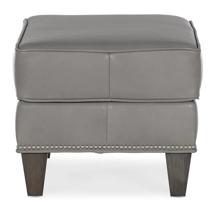 Aline Light Gray Genuine Leather Ottoman with Nickel Nailhead Detail
