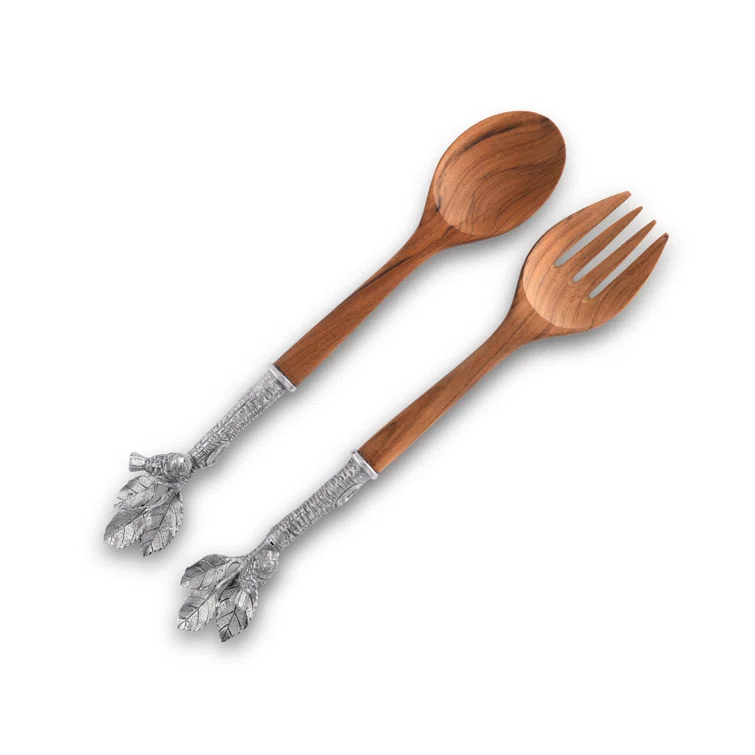 13" Acacia Wood and Pewter Song Bird Salad Servers