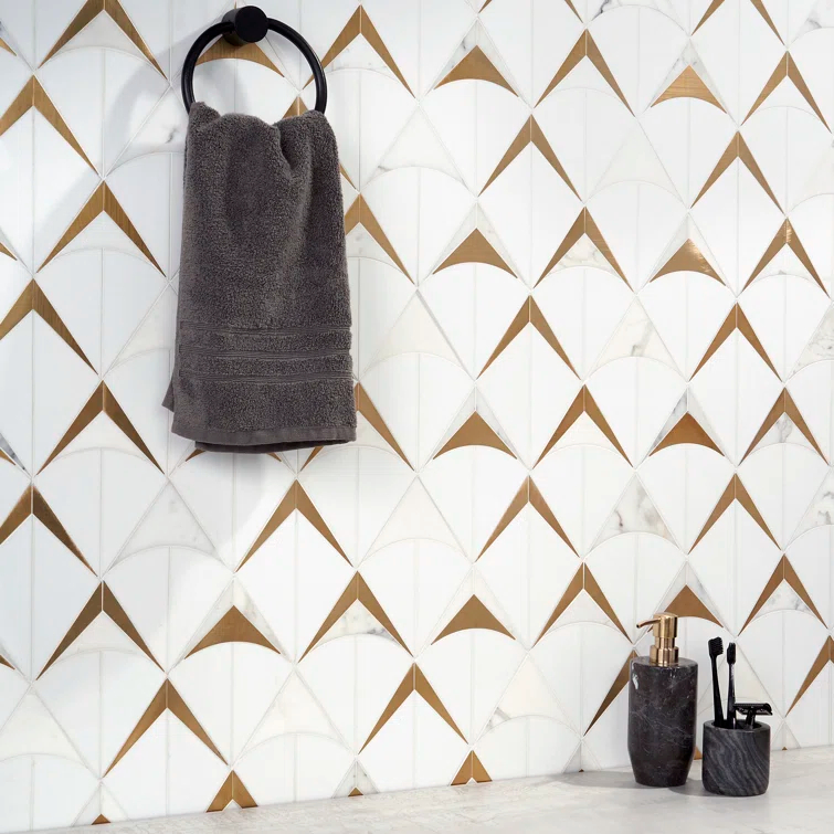 Larvotto 8.3 in. x 11.65 in. Polished Marble and Brass Mosaic Wall Tile (0.67 Sq. Ft. / Sheet)