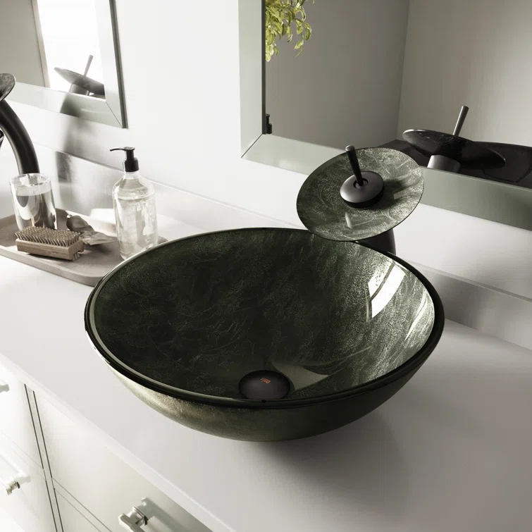 Giovanni Glass 17" L 17" W 6" H Round Vessel Bathroom Sink