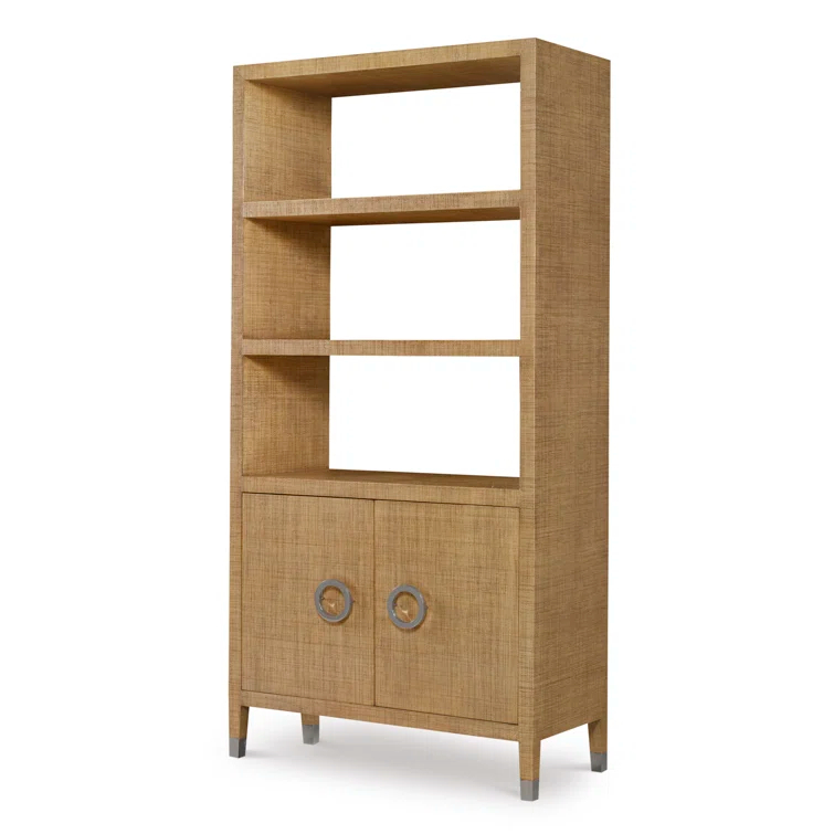 Sand Mahogany and Raffia Adjustable Bookcase with Doors