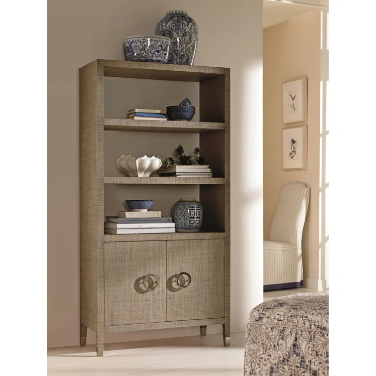 Sand Mahogany and Raffia Adjustable Bookcase with Doors
