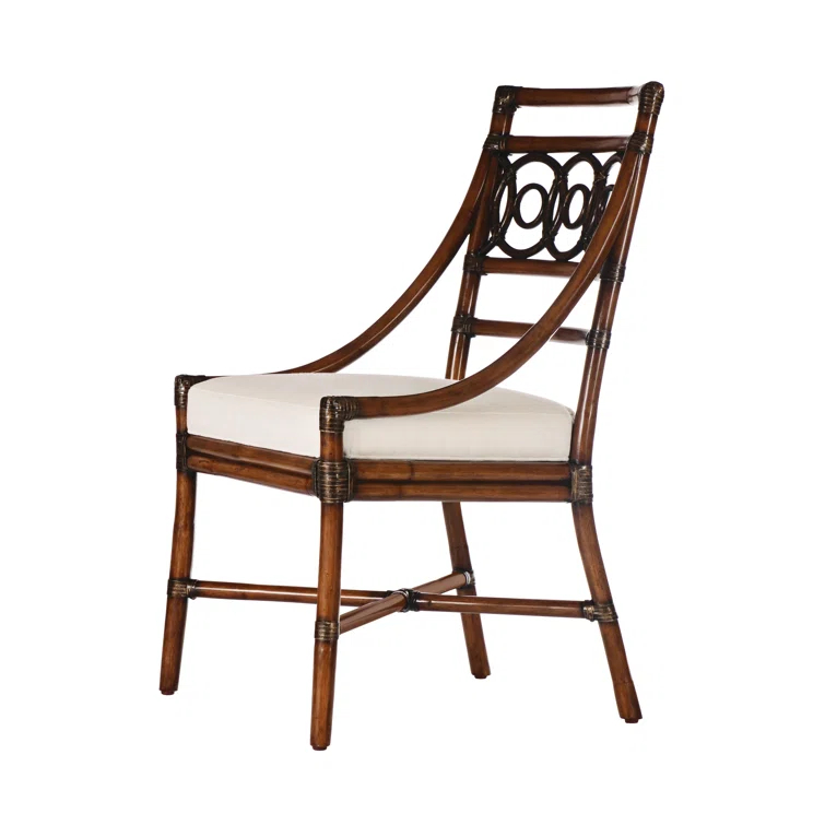Ebonized Black Rattan Ladderback Side Chair with Linen Upholstery