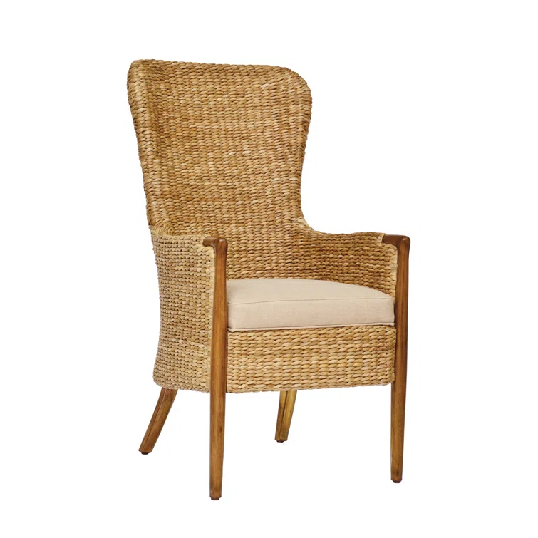 High Back Brown Rattan Arm Chair with Flax Upholstery