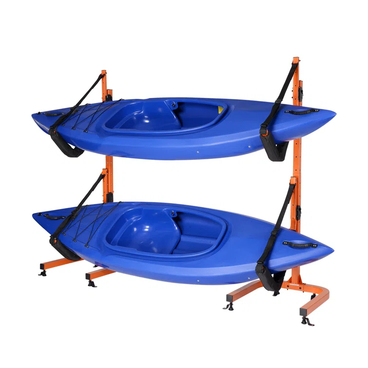 Rad Sportz Kayak Storage Rack - Portable Folding Boat Stands for Garage, Shed, or Dock -Freestanding Kayak Stands with Padded Arms and Adjustable Straps - Holds 2 Canoes, SUP, or Paddleboards, Orange