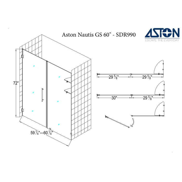 Nautis GS 60" W x 72" H Hinged Frameless Shower Door