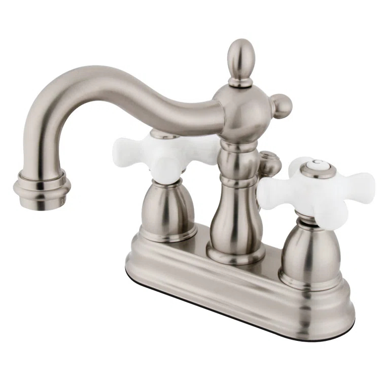 Kingston Brass Heritage Two-Handle 3-Hole Deck Mount 4" Centerset Bathroom Faucet with Plastic Pop-Up