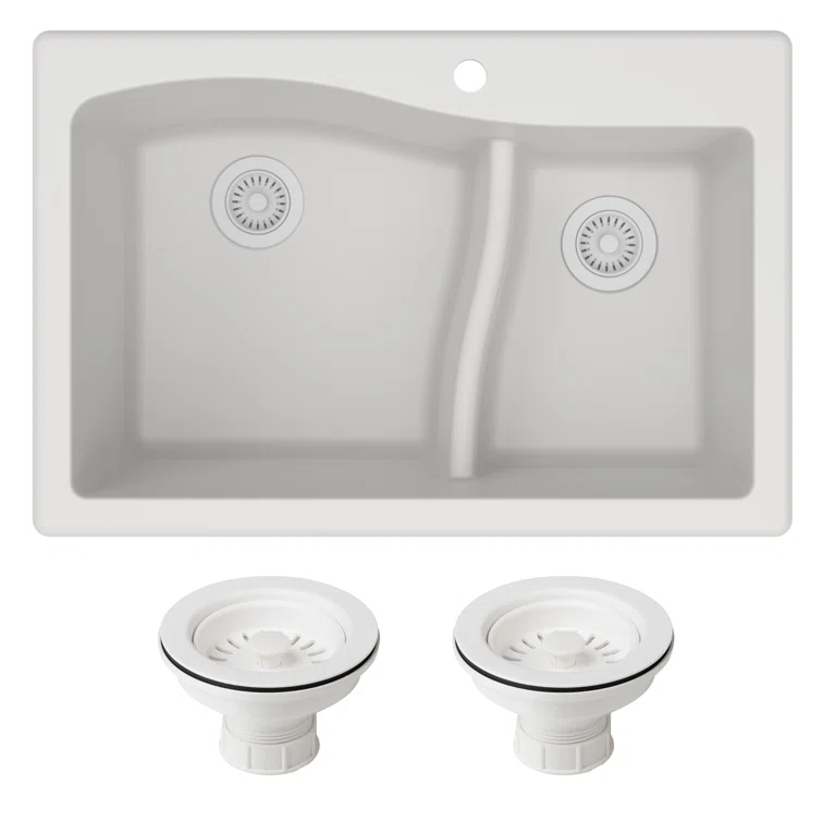 Kraus KRAUS Quarza™ 33" L Dual Mount 60/40 Double Bowl Granite Kitchen Sink and Strainers KGD-442WHITE-PST1-WH