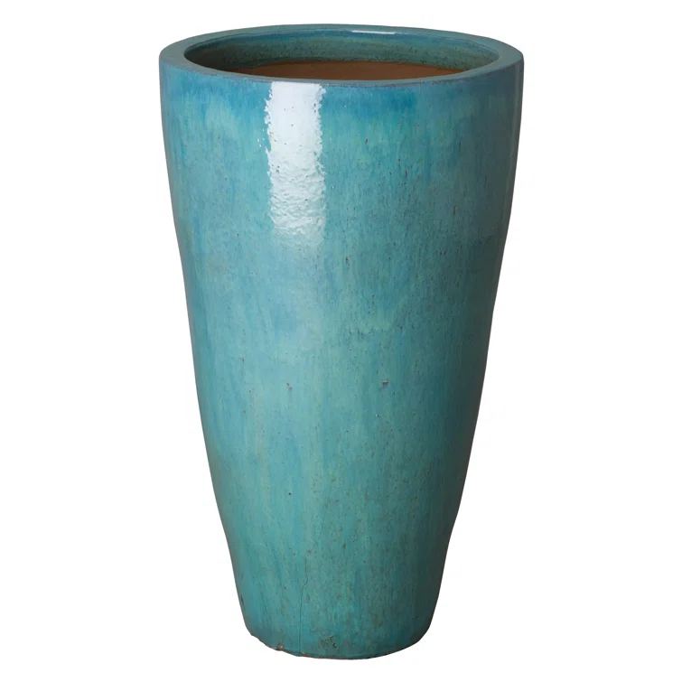 Tall 24 in. D x 40 in. H Teal Ceramic Round Planter with Drainage Hole