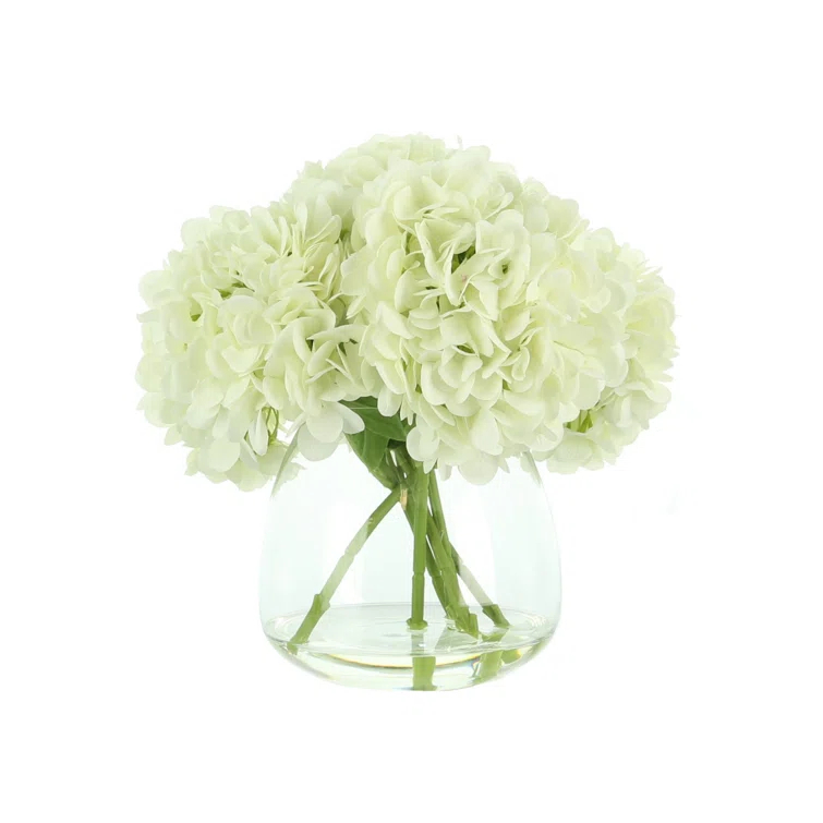 White Polysilk Hydrangea Bouquet in Glass Vase