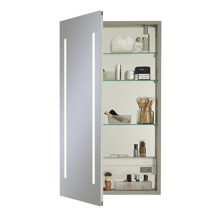 Recessed Frameless 1 Door Medicine Cabinet with 4 Adjustable Shelves and LED Lighting and Electrical Outlet