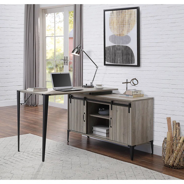ExpressThrough L-Shaped Metal Base Writing Desk with Power Outlet